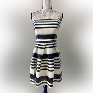 Bebe Strapless Sequin Mini Striped Black and White Dress